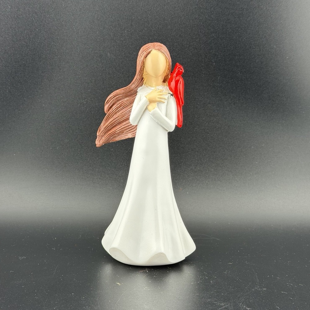 Guardian Angel Statue Resin Angel Figurine w Red Cardinal Bird Home Decor Gift